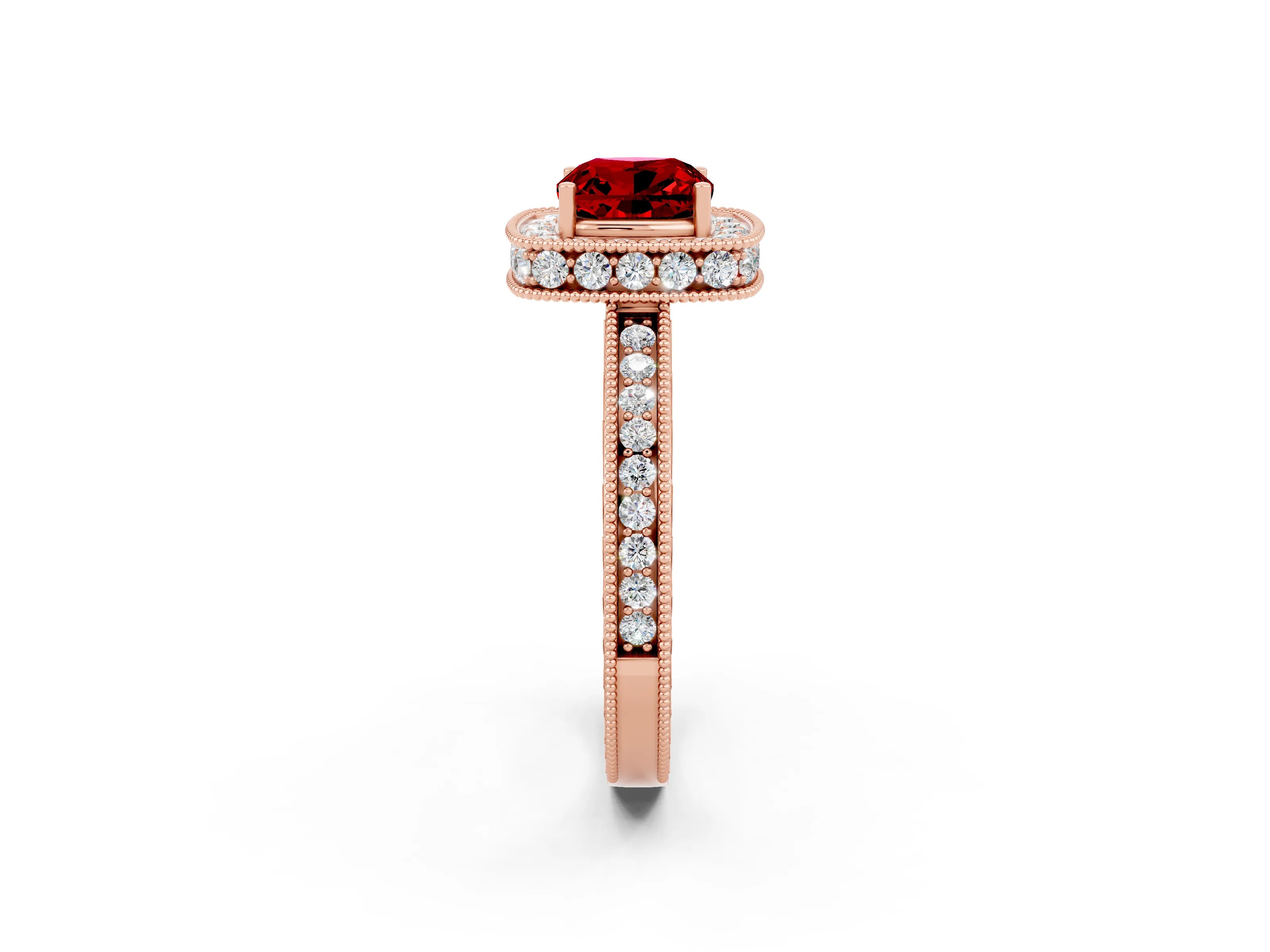 Rose gold Cushion Cut Halo Diamond Engagement Ring with Milgrain Pave Band and Four-Prong Setting_2