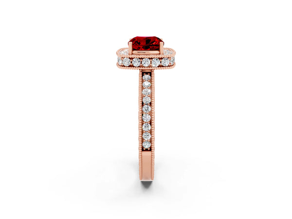 Rose gold Cushion Cut Halo Diamond Engagement Ring with Milgrain Pave Band and Four-Prong Setting