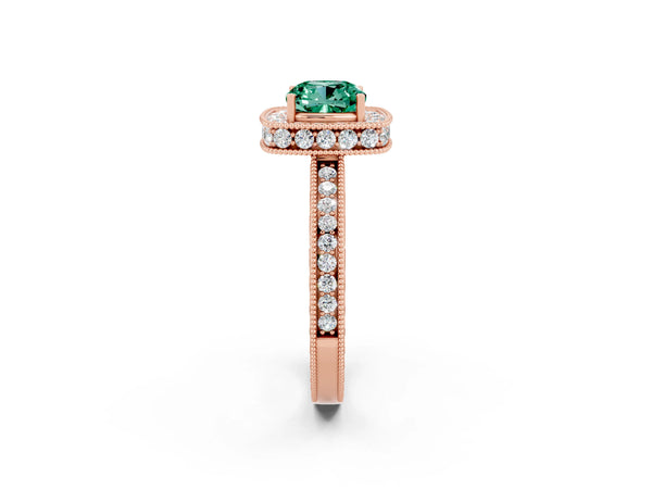Rose gold Cushion Cut Halo Diamond Engagement Ring with Milgrain Pave Band and Four-Prong Setting