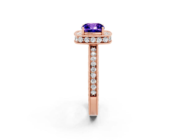 Rose gold Cushion Cut Halo Diamond Engagement Ring with Milgrain Pave Band and Four-Prong Setting