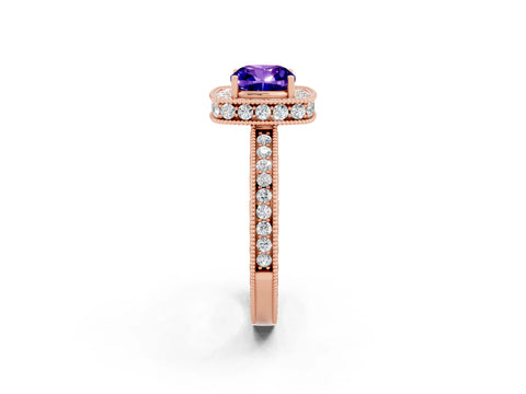 Rose gold Cushion Cut Halo Diamond Engagement Ring with Milgrain Pave Band and Four-Prong Setting_2