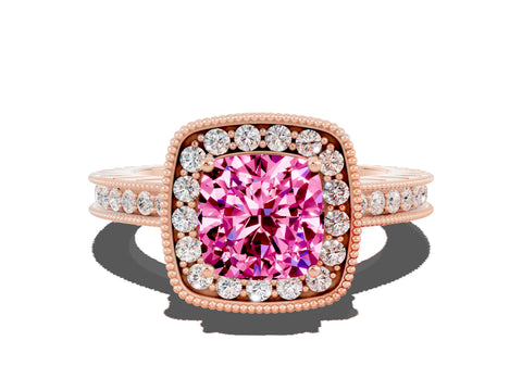 Rose gold Cushion Cut Halo Diamond Engagement Ring with Milgrain Pave Band and Four-Prong Setting