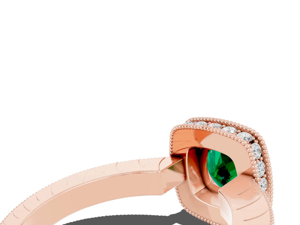 Rose gold Cushion Cut Halo Diamond Engagement Ring with Milgrain Pave Band and Four-Prong Setting