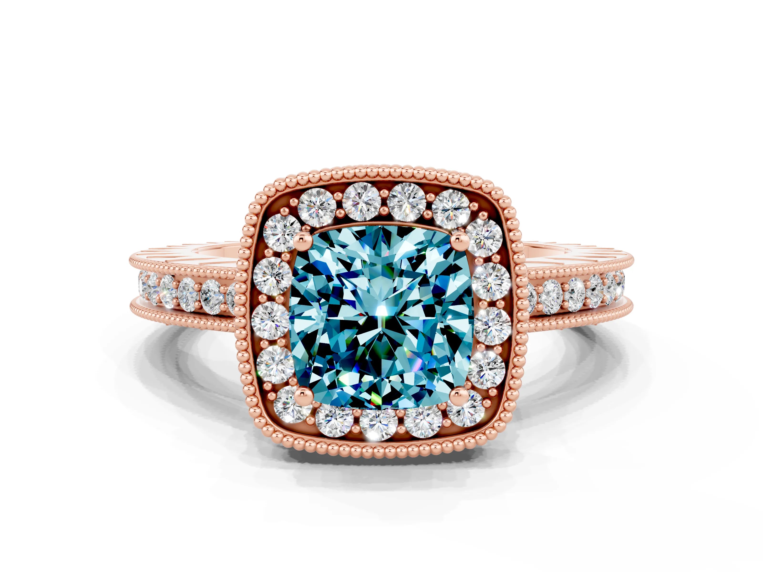 Rose gold Cushion Cut Halo Diamond Engagement Ring with Milgrain Pave Band and Four-Prong Setting