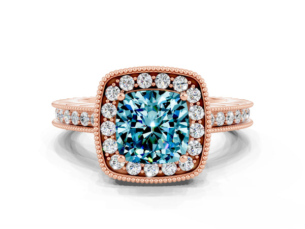Rose gold Cushion Cut Halo Diamond Engagement Ring with Milgrain Pave Band and Four-Prong Setting