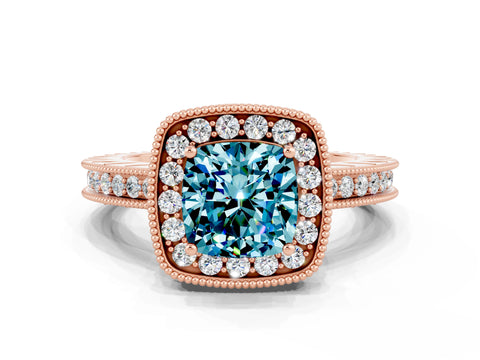 Rose gold Cushion Cut Halo Diamond Engagement Ring with Milgrain Pave Band and Four-Prong Setting