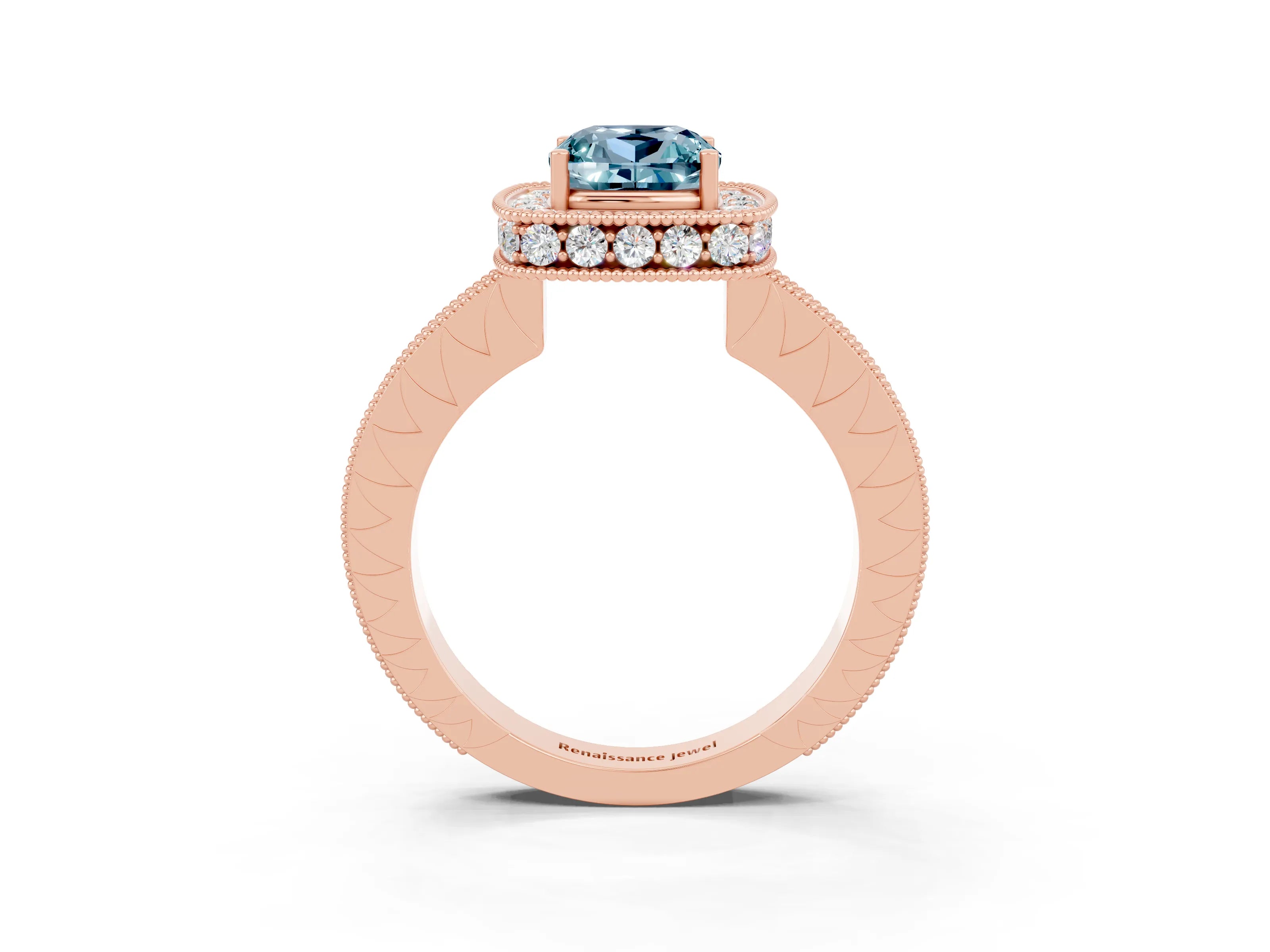 Rose gold Cushion Cut Halo Diamond Engagement Ring with Milgrain Pave Band and Four-Prong Setting_3