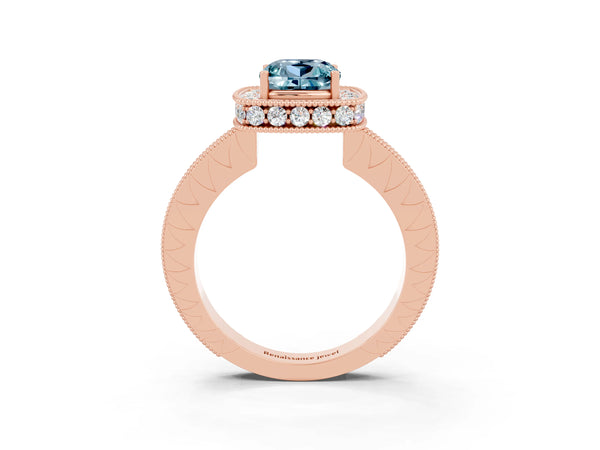 Rose gold Cushion Cut Halo Diamond Engagement Ring with Milgrain Pave Band and Four-Prong Setting