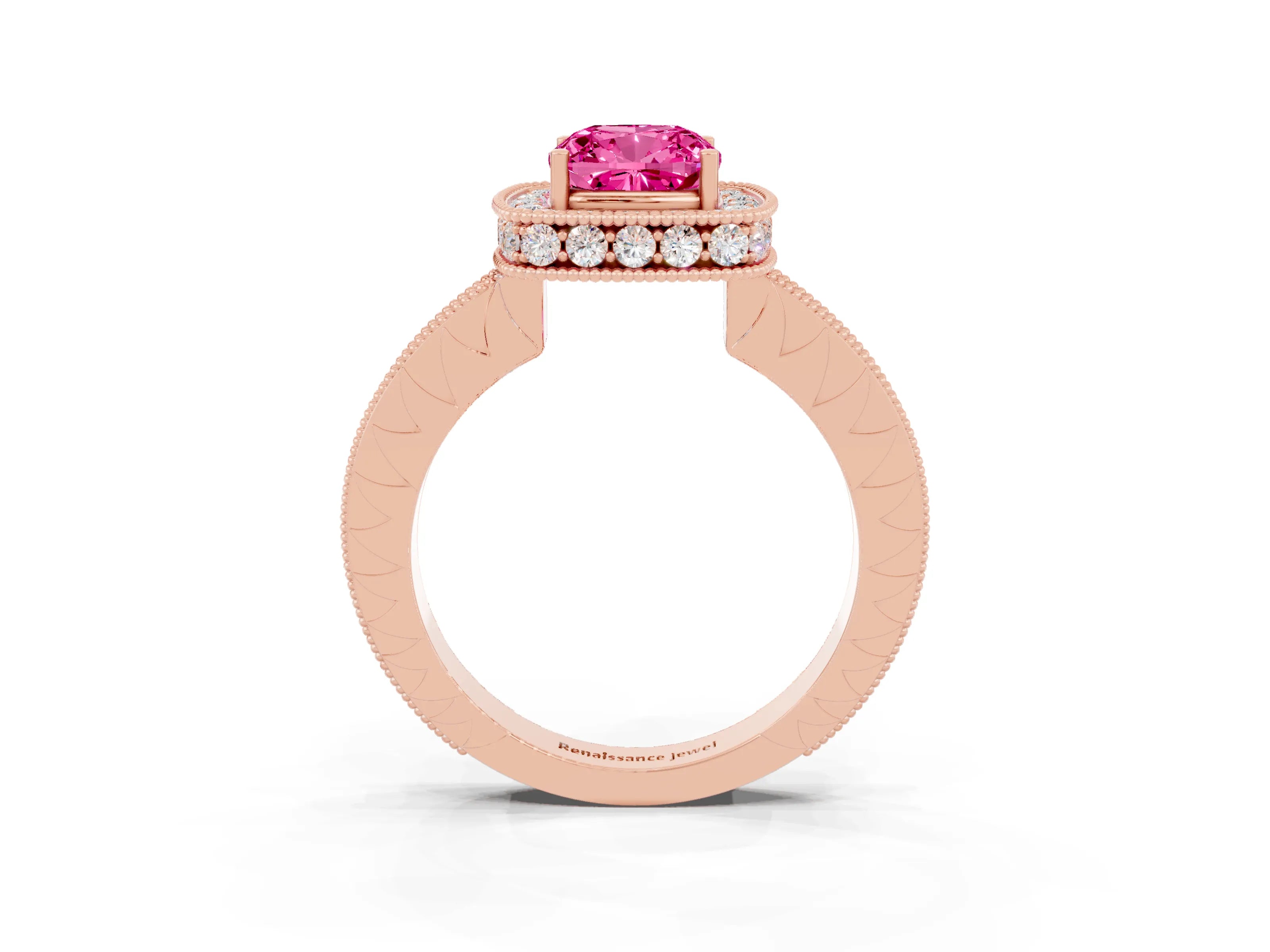Rose gold Cushion Cut Halo Diamond Engagement Ring with Milgrain Pave Band and Four-Prong Setting_3