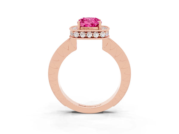 Rose gold Cushion Cut Halo Diamond Engagement Ring with Milgrain Pave Band and Four-Prong Setting