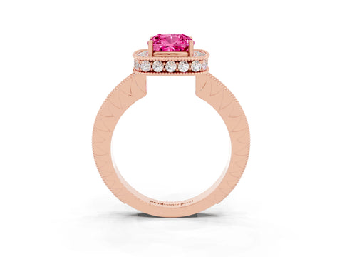 Rose gold Cushion Cut Halo Diamond Engagement Ring with Milgrain Pave Band and Four-Prong Setting_3