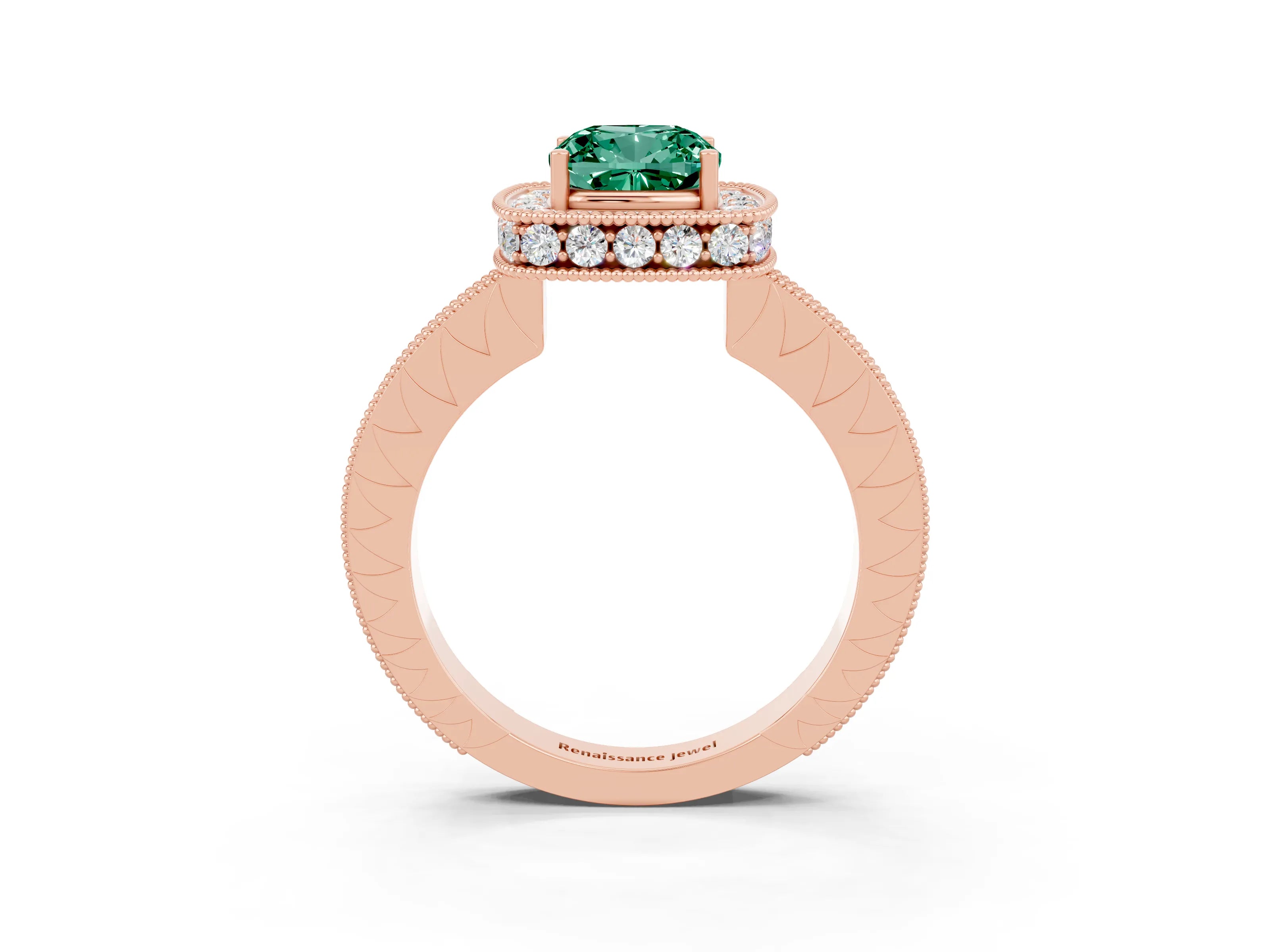 Rose gold Cushion Cut Halo Diamond Engagement Ring with Milgrain Pave Band and Four-Prong Setting_3
