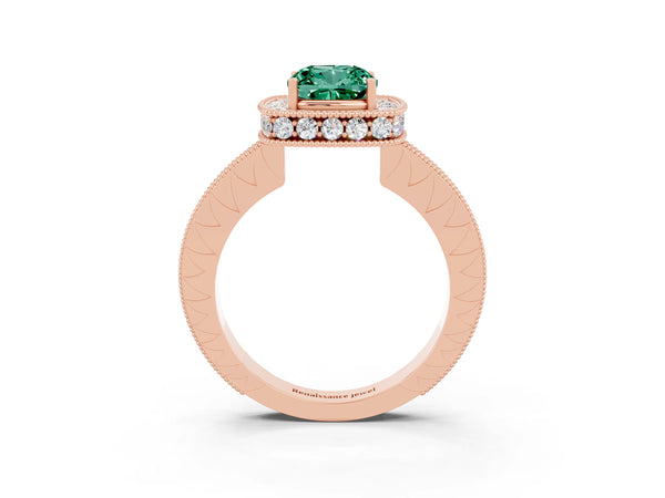 Rose gold Cushion Cut Halo Diamond Engagement Ring with Milgrain Pave Band and Four-Prong Setting
