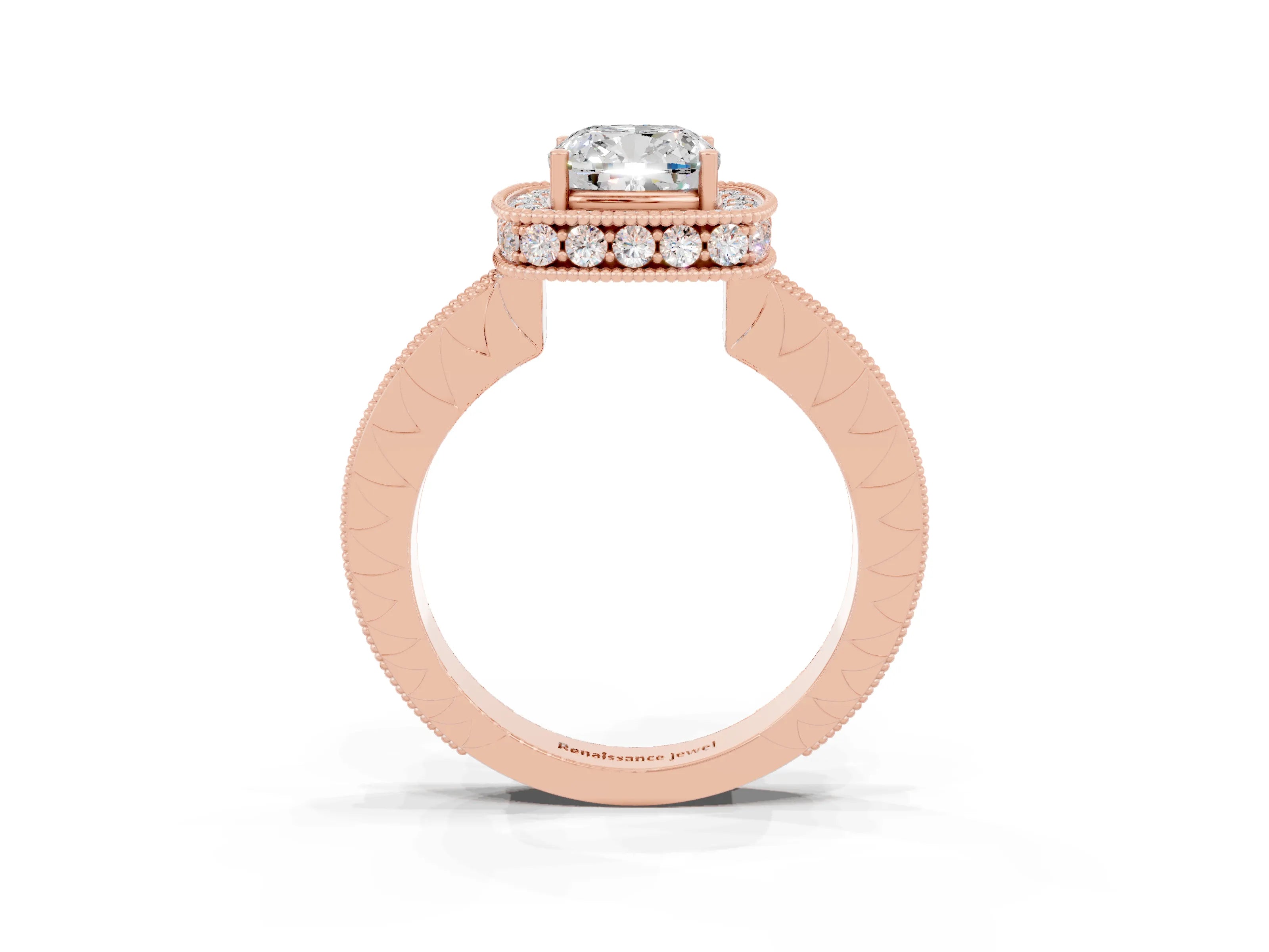 Rose gold Cushion Cut Halo Diamond Engagement Ring with Milgrain Pave Band and Four-Prong Setting_3