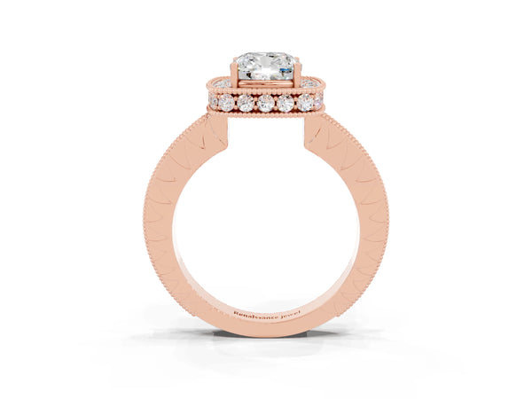 Rose gold Cushion Cut Halo Diamond Engagement Ring with Milgrain Pave Band and Four-Prong Setting