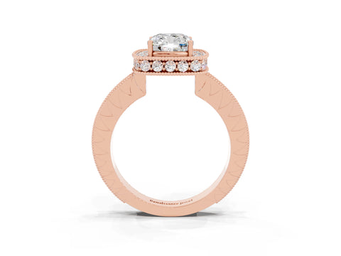Rose gold Cushion Cut Halo Diamond Engagement Ring with Milgrain Pave Band and Four-Prong Setting_3