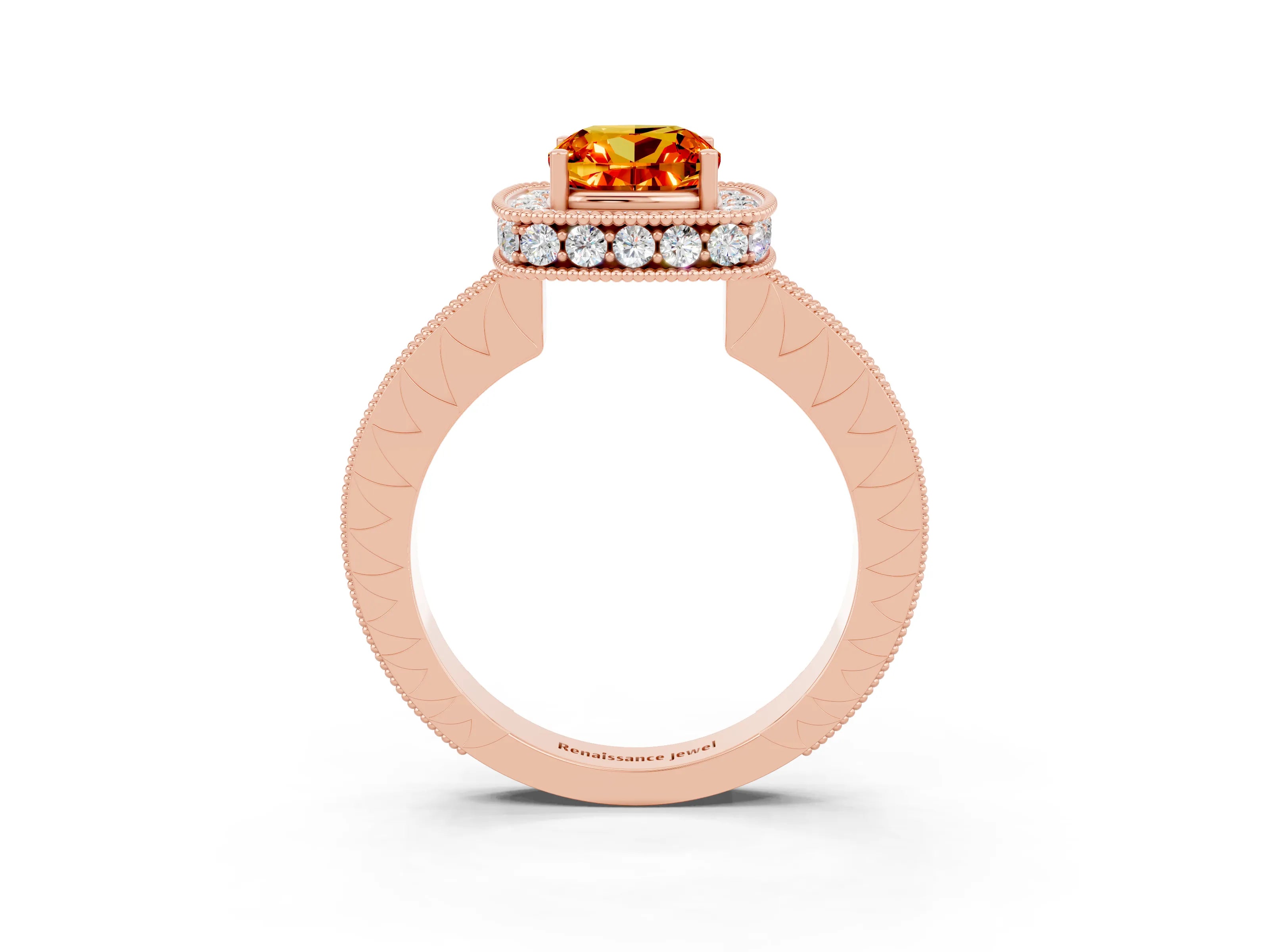 Rose gold Cushion Cut Halo Diamond Engagement Ring with Milgrain Pave Band and Four-Prong Setting_3