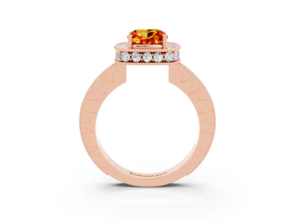 Rose gold Cushion Cut Halo Diamond Engagement Ring with Milgrain Pave Band and Four-Prong Setting