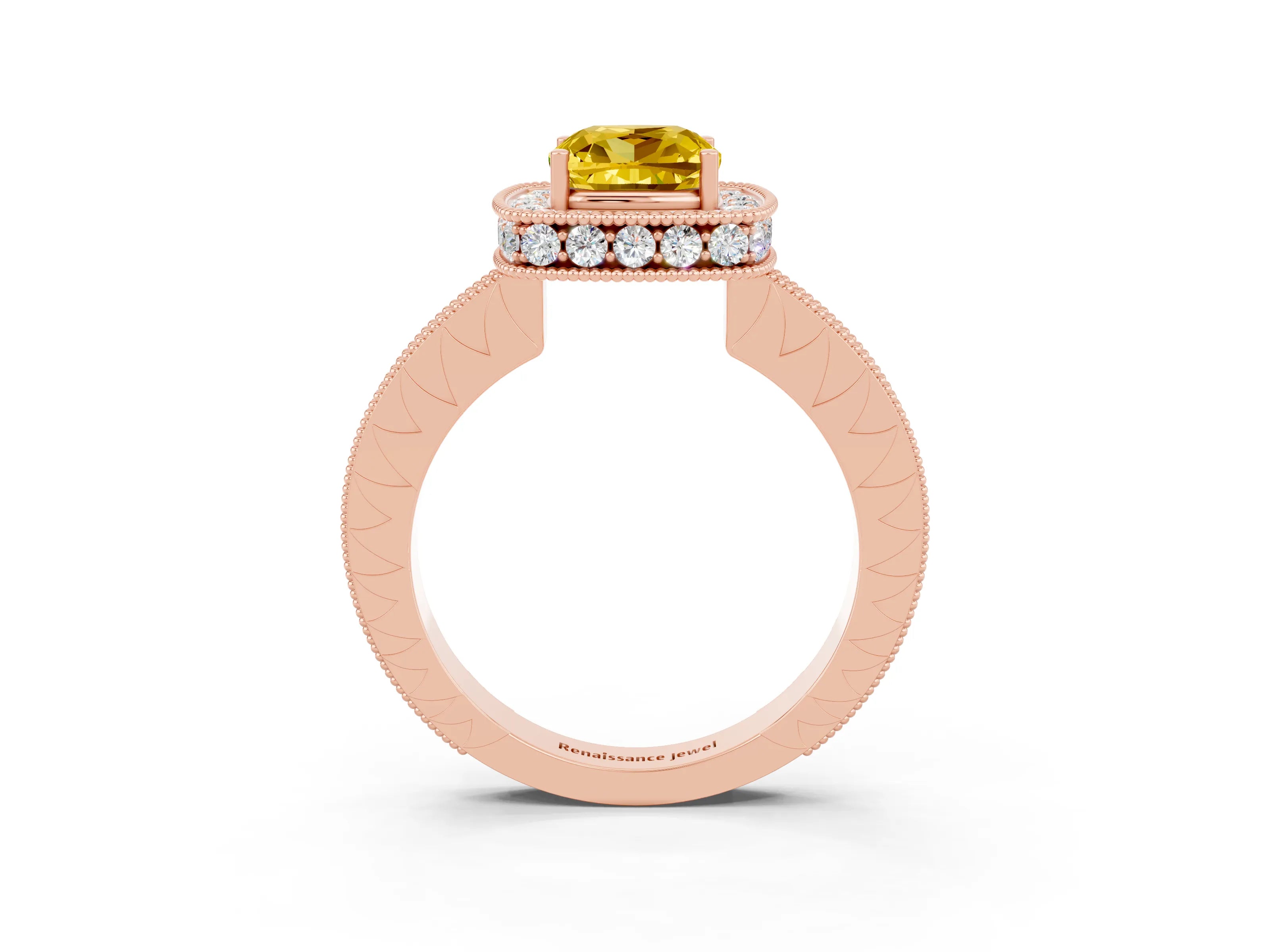 Rose gold Cushion Cut Halo Diamond Engagement Ring with Milgrain Pave Band and Four-Prong Setting_3