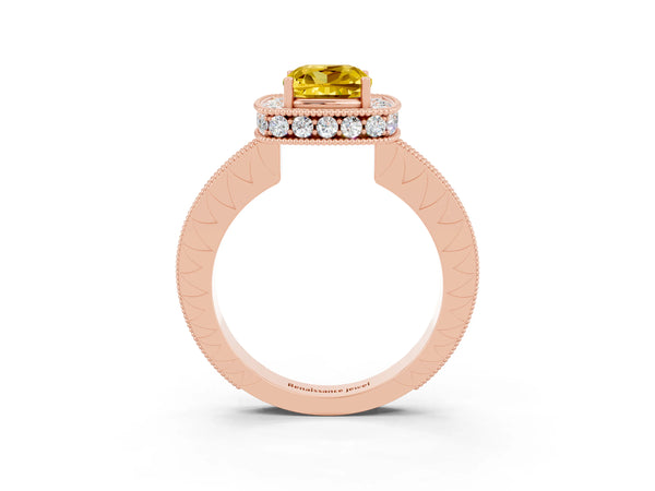 Rose gold Cushion Cut Halo Diamond Engagement Ring with Milgrain Pave Band and Four-Prong Setting