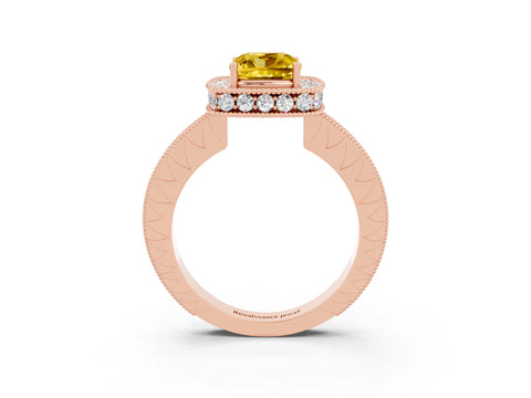 Rose gold Cushion Cut Halo Diamond Engagement Ring with Milgrain Pave Band and Four-Prong Setting_3