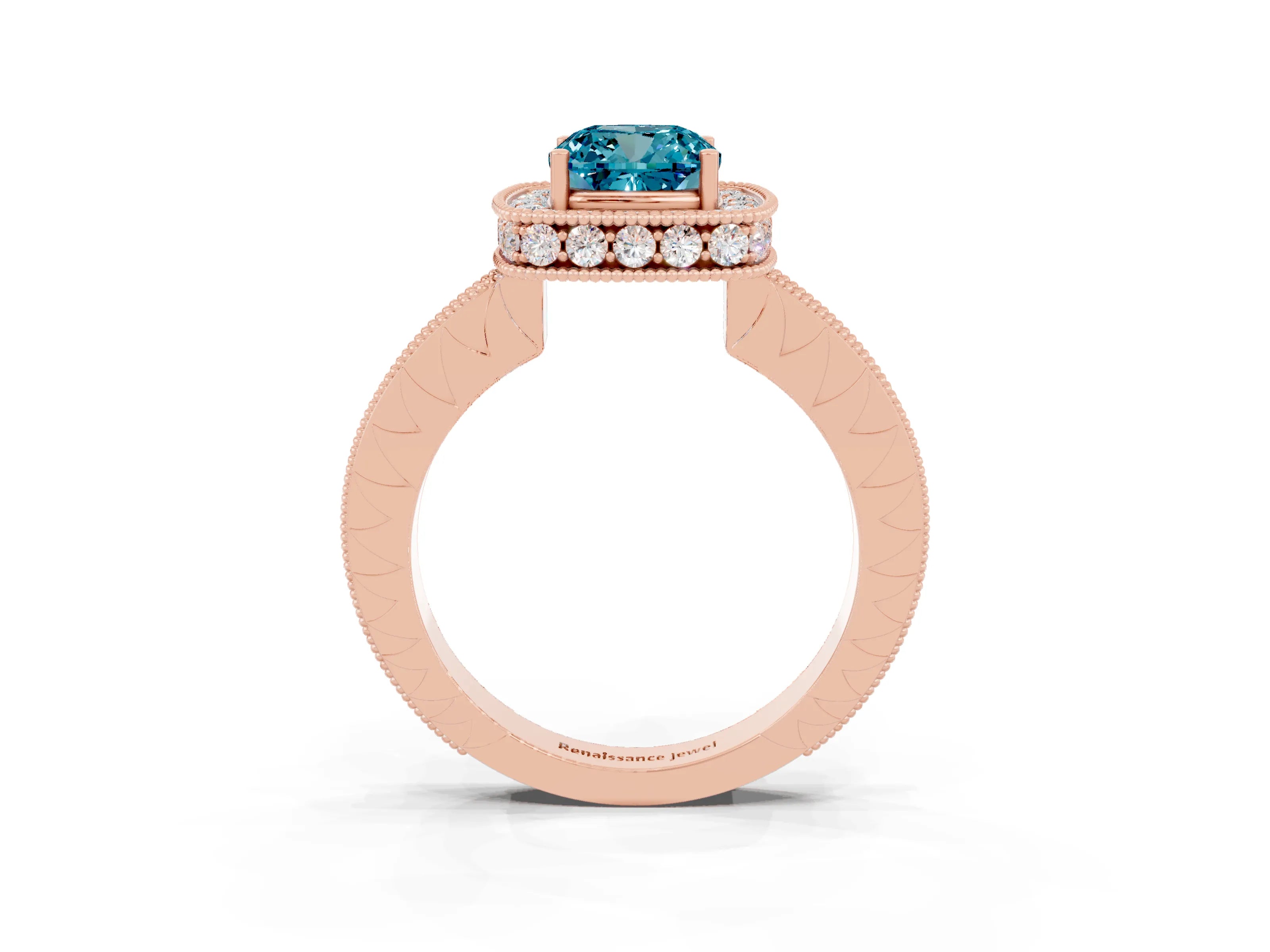 Rose gold Cushion Cut Halo Diamond Engagement Ring with Milgrain Pave Band and Four-Prong Setting_3