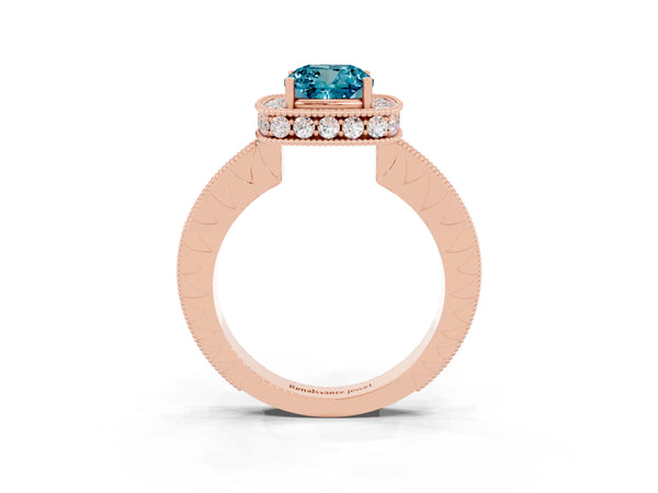 Rose gold Cushion Cut Halo Diamond Engagement Ring with Milgrain Pave Band and Four-Prong Setting