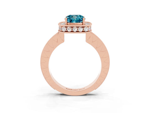 Rose gold Cushion Cut Halo Diamond Engagement Ring with Milgrain Pave Band and Four-Prong Setting_3