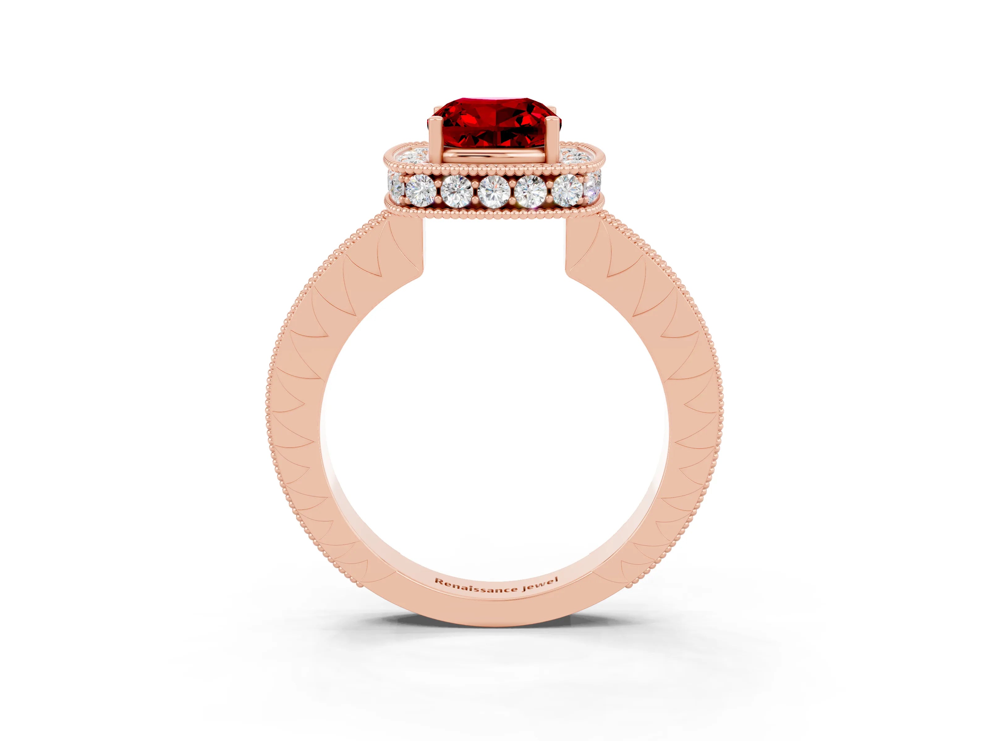 Rose gold Cushion Cut Halo Diamond Engagement Ring with Milgrain Pave Band and Four-Prong Setting_3