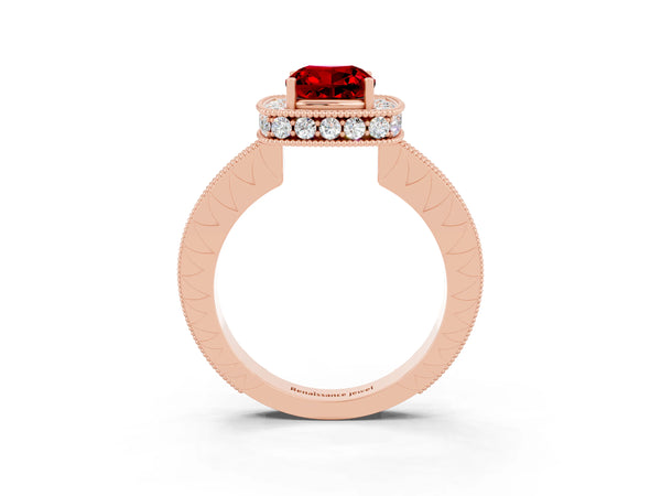 Rose gold Cushion Cut Halo Diamond Engagement Ring with Milgrain Pave Band and Four-Prong Setting