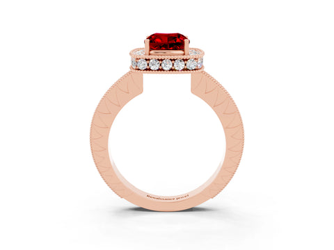 Rose gold Cushion Cut Halo Diamond Engagement Ring with Milgrain Pave Band and Four-Prong Setting_3