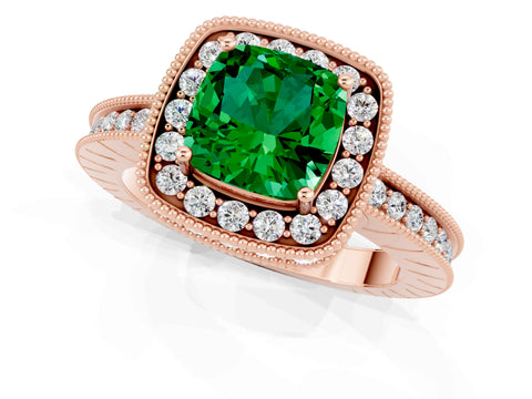 Rose gold Cushion Cut Halo Diamond Engagement Ring with Milgrain Pave Band and Four-Prong Setting_3