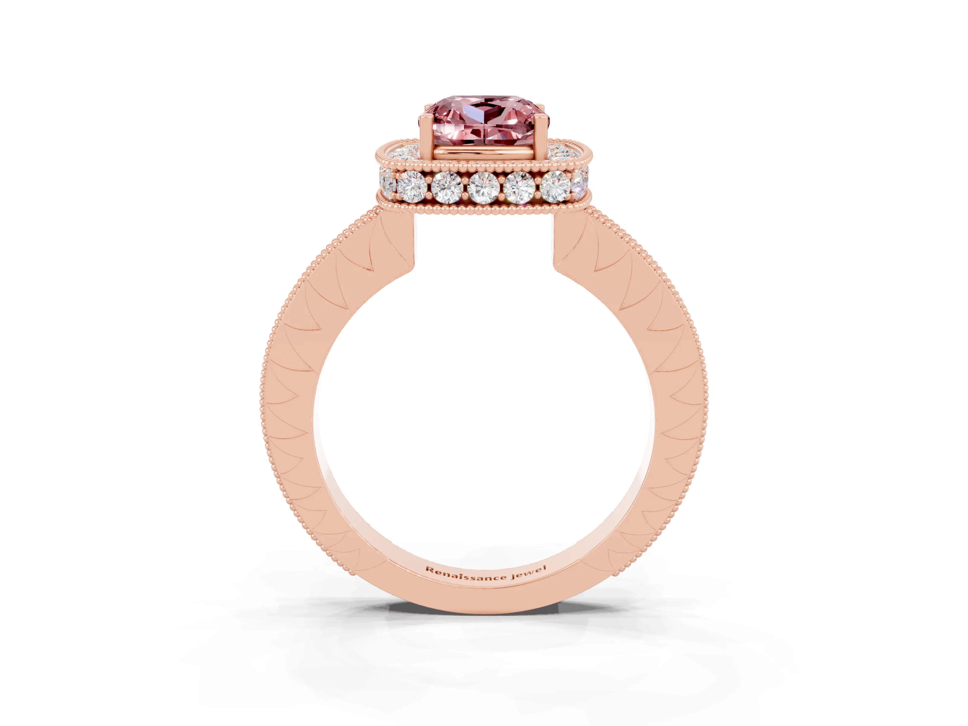 Rose gold Cushion Cut Halo Diamond Engagement Ring with Milgrain Pave Band and Four-Prong Setting_3