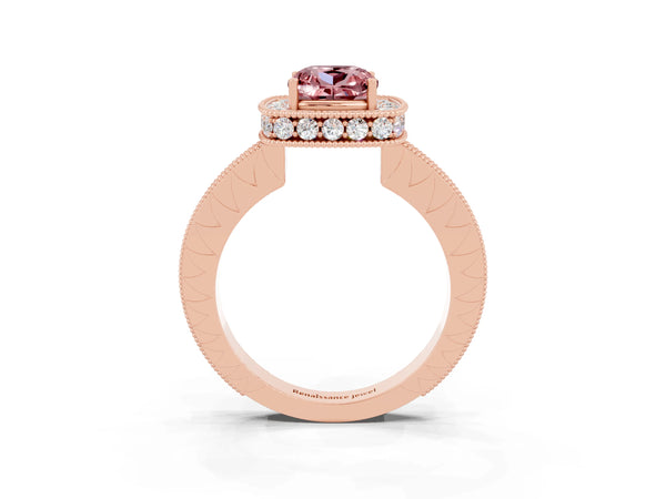 Rose gold Cushion Cut Halo Diamond Engagement Ring with Milgrain Pave Band and Four-Prong Setting