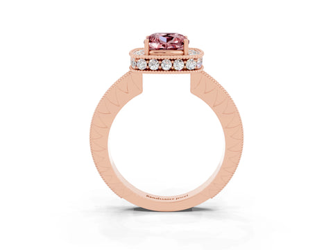 Rose gold Cushion Cut Halo Diamond Engagement Ring with Milgrain Pave Band and Four-Prong Setting_3