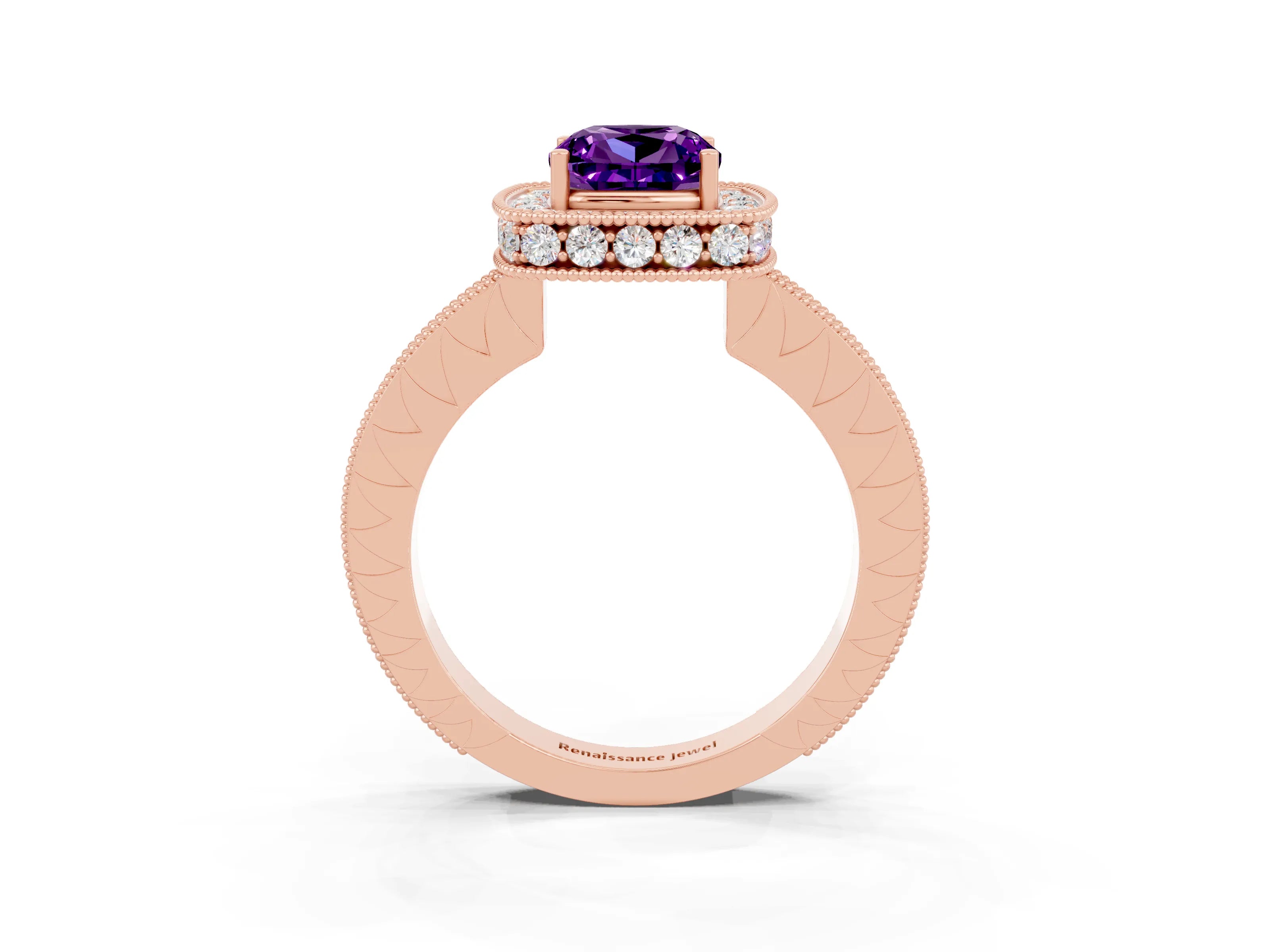 Rose gold Cushion Cut Halo Diamond Engagement Ring with Milgrain Pave Band and Four-Prong Setting_3