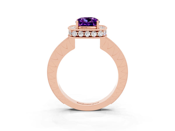Rose gold Cushion Cut Amethyst Milgrain Halo Engagement Ring with Round Pavé Band and Prong Setting