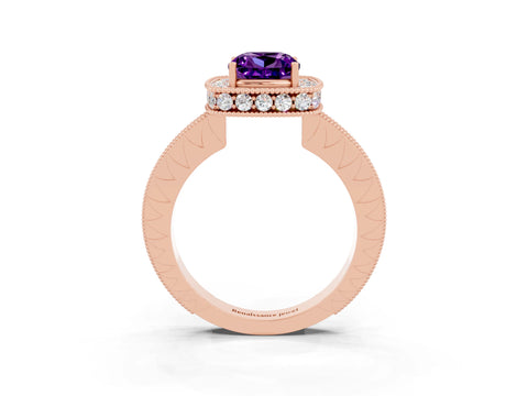 Rose gold Cushion Cut Halo Diamond Engagement Ring with Milgrain Pave Band and Four-Prong Setting_3