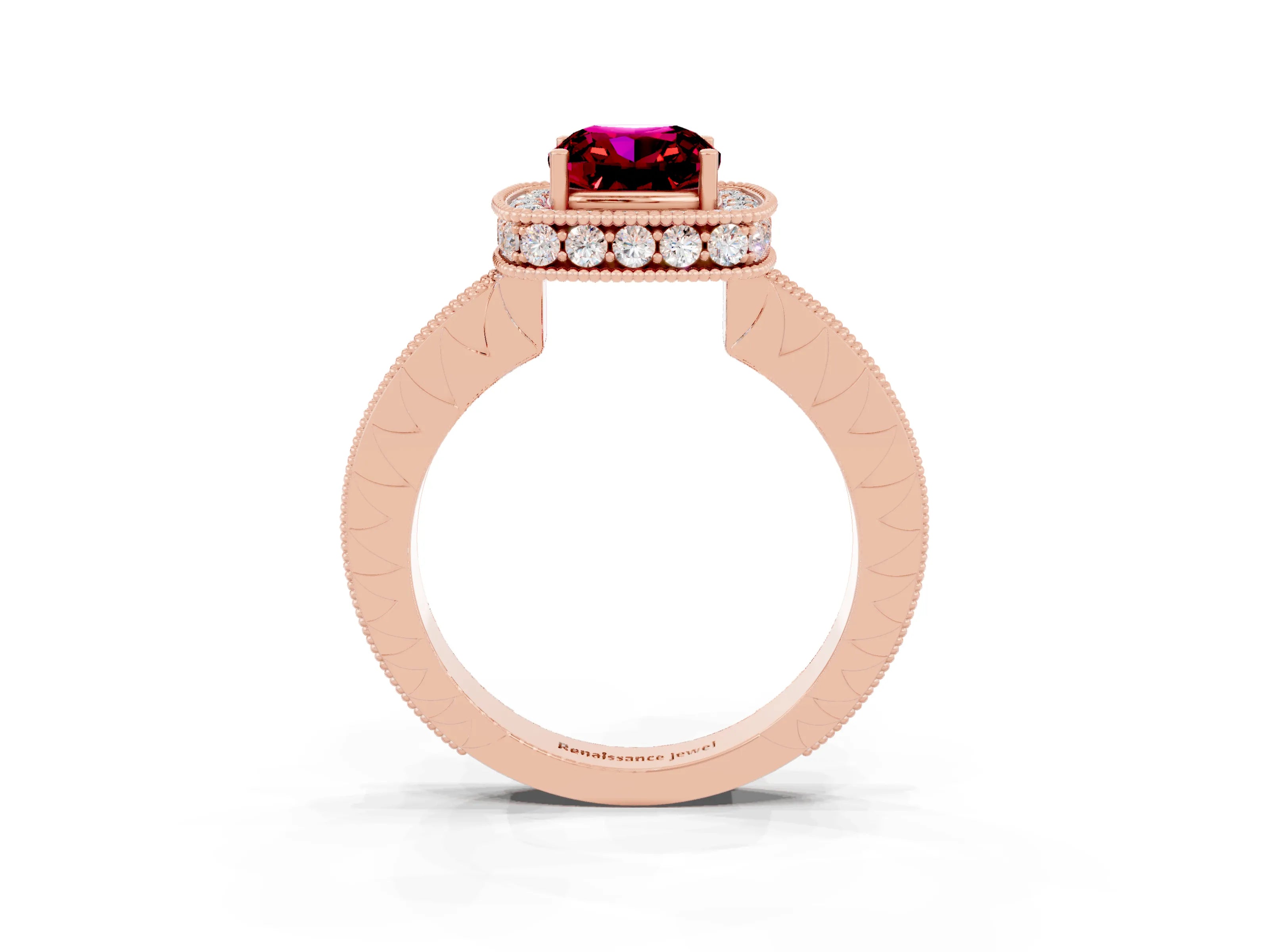 Rose gold Cushion Cut Halo Diamond Engagement Ring with Milgrain Pave Band and Four-Prong Setting_3