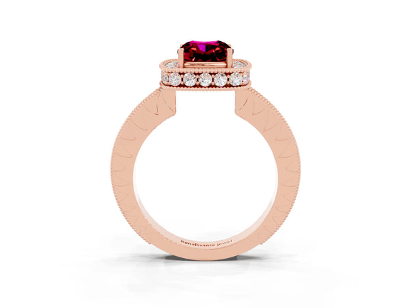 Rose gold Cushion Cut Halo Diamond Engagement Ring with Milgrain Pave Band and Four-Prong Setting