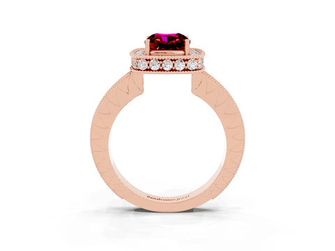 Rose gold Cushion Cut Halo Diamond Engagement Ring with Milgrain Pave Band and Four-Prong Setting_3