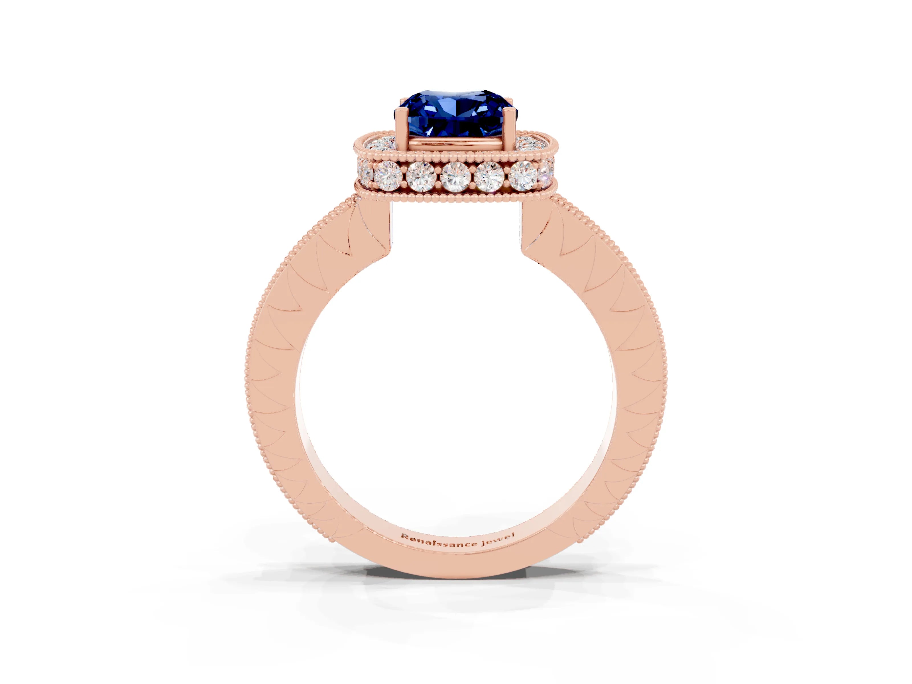 Rose gold Cushion Cut Halo Diamond Engagement Ring with Milgrain Pave Band and Four-Prong Setting_3