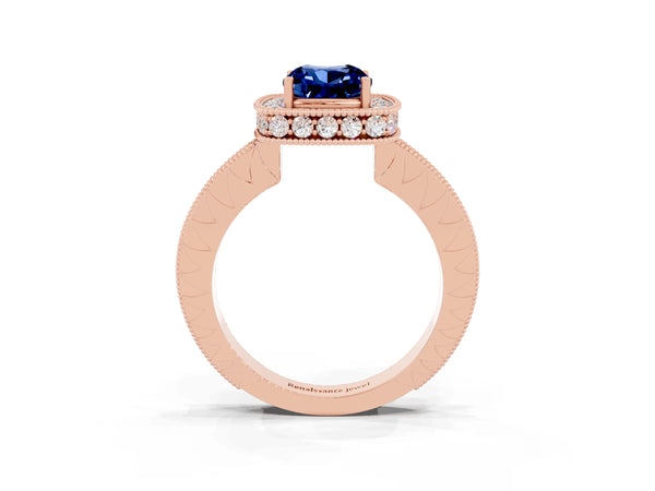 Rose gold Cushion Cut Halo Diamond Engagement Ring with Milgrain Pave Band and Four-Prong Setting