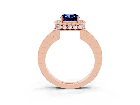 Rose gold Cushion Cut Halo Diamond Engagement Ring with Milgrain Pave Band and Four-Prong Setting_3