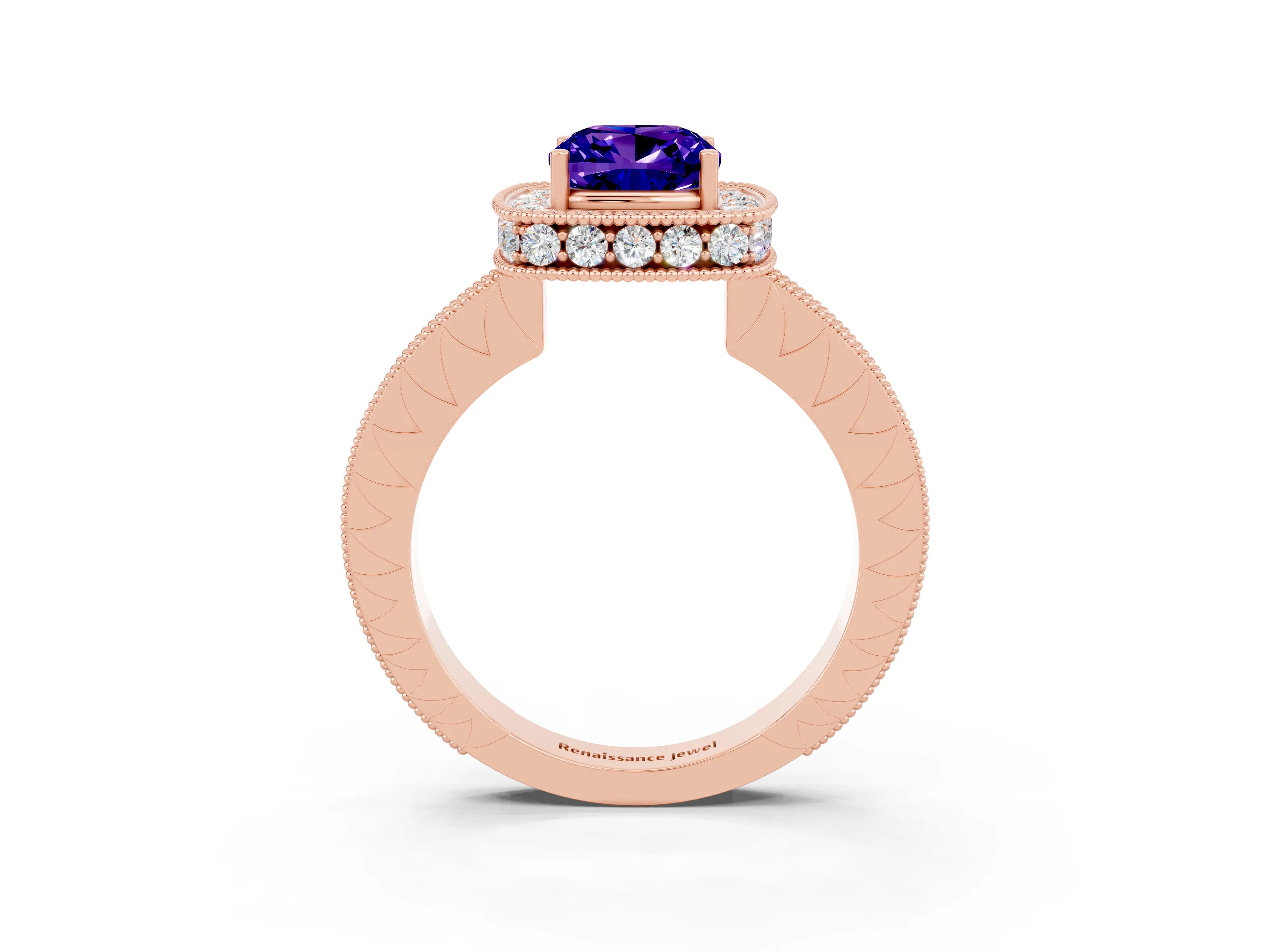 Rose gold Cushion Cut Halo Diamond Engagement Ring with Milgrain Pave Band and Four-Prong Setting_3