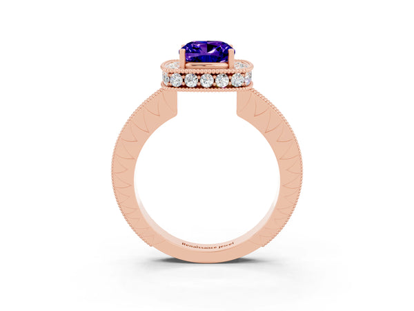 Rose gold Cushion Cut Halo Diamond Engagement Ring with Milgrain Pave Band and Four-Prong Setting