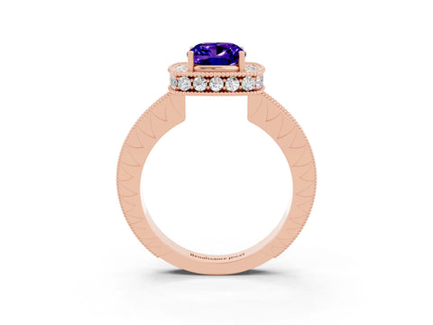Rose gold Cushion Cut Halo Diamond Engagement Ring with Milgrain Pave Band and Four-Prong Setting_3