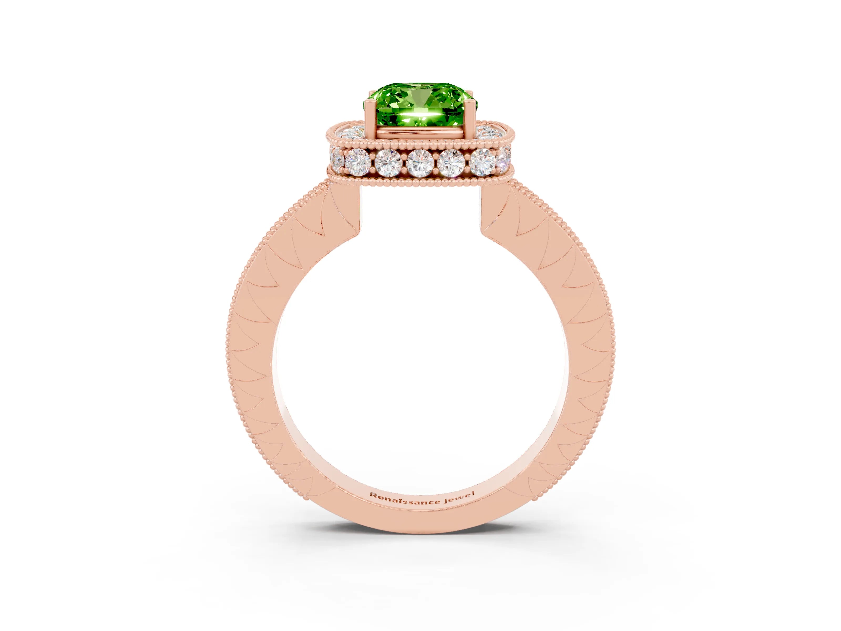 Rose gold Cushion Cut Halo Diamond Engagement Ring with Milgrain Pave Band and Four-Prong Setting_3