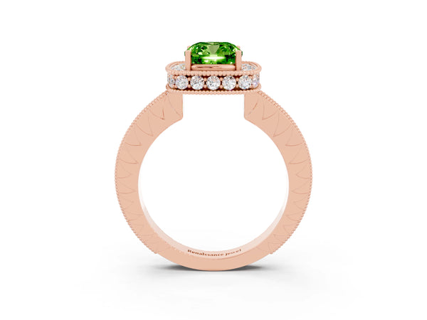 Rose gold Cushion Cut Halo Diamond Engagement Ring with Milgrain Pave Band and Four-Prong Setting