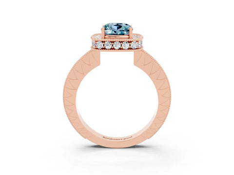 Rose gold Cushion Cut Halo Diamond Engagement Ring with Milgrain Pave Band and Four-Prong Setting_3